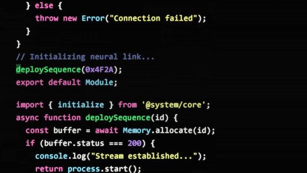 syntax code lines scrolling on a dark screen, javascript programming background with software development logic and script execution video