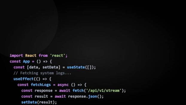 Javascript programming code scrolling on dark screen, software development, web engineering, backend data processing and system logic video