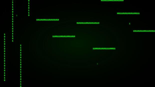 Digital green binary code streaming on dark background, representing computer data processing, cyber security, coding, software development, technology video