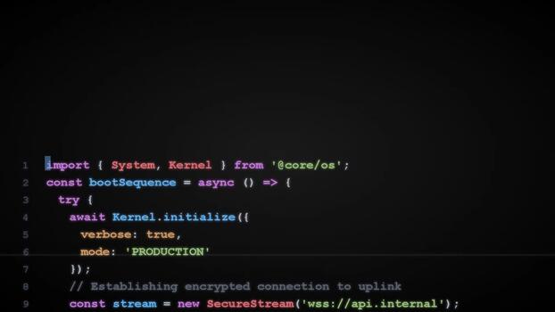 Software source code typing on dark screen, JavaScript programming environment for web development and backend engineering, syntax highlighting video
