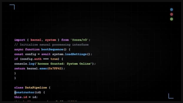 Software source code scrolling on dark screen, IDE editor interface, programming, coding, backend development, digital infrastructure video