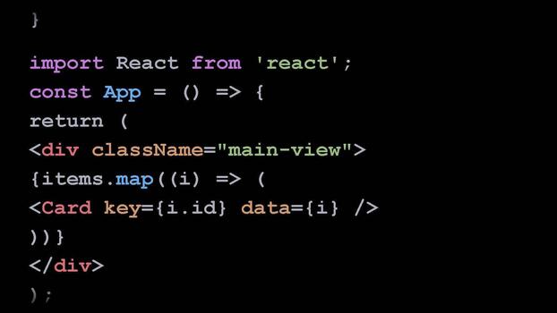Javascript react source code on black screen, software development, programming syntax, web engineering, backend logic, interface scripting video