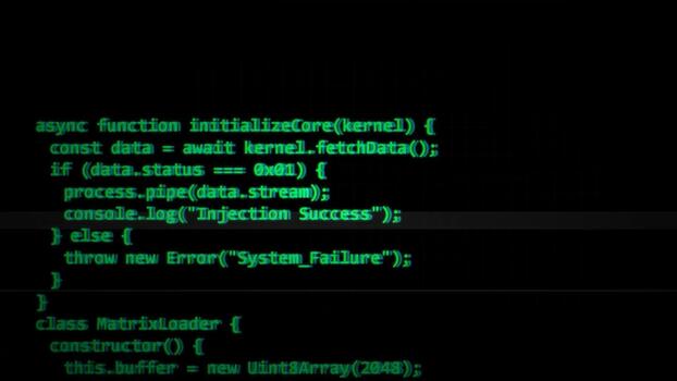 Scrolling green source code on black screen, programming interface, hacking simulation, software development, data stream, technology background video