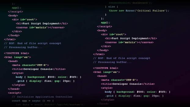 Scrolling source code on dark screen display, software development environment, programming language syntax, web backend architecture, digital interface video