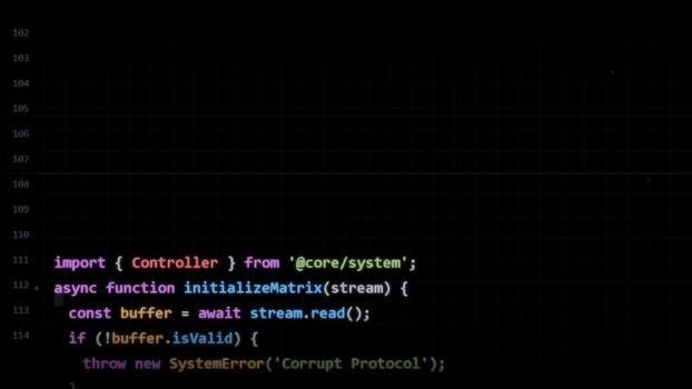 software fuente código escrito en javascript programación idioma en oscuro pantalla para web desarrollo, backend ingeniería, datos Procesando, algoritmo sintaxis, modular estructura, interfaz diseño video