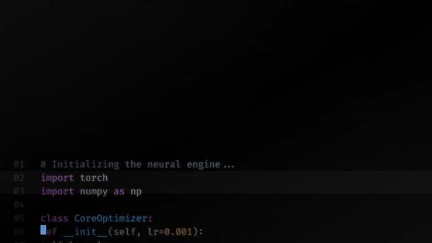 python code writing on dark screen editor, neural network development, software programming, machine learning engineering, backend development, syntax highlighting video