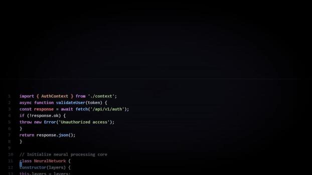 Computer screen displaying programming code script, scrolling lines of software development syntax, technology background for web engineering and cybersecurity data processing video
