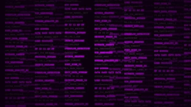 Scrolling purple digital code lines on black background, system programming, cybersecurity, data processing, binary stream, software development video