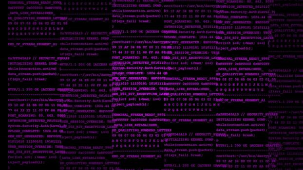 purple digital binary code lines scrolling on dark background for cybersecurity, data processing, software development, streaming, interface video