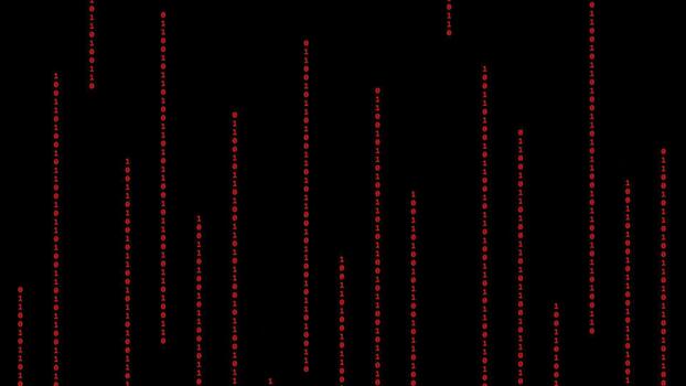 Abstract red digital data stream falling binary code on black background, cyber security, data processing, tech binary, glitch effect video