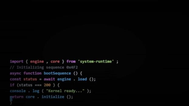 Javascript server side code scrolling on dark screen, software development, programming language, web backend infrastructure, data analysis video