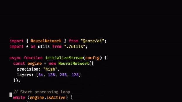 Javascript programming code scrolling on computer screen, software development process, neural network algorithm structure, backend system engineering video