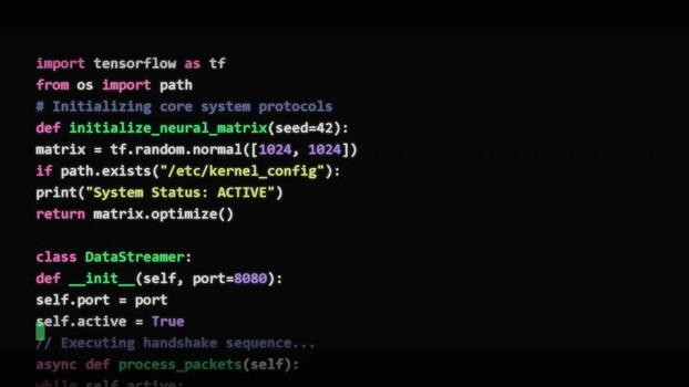 python programming code scrolling on dark screen interface, software development process, data processing, backend engineering, algorithm optimization, system security video