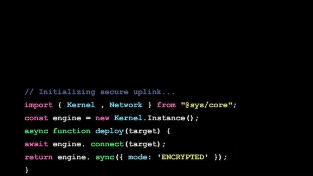 Software source code lines typing on dark screen representing cyber security deployment, system programming, encryption protocol, terminal interface video