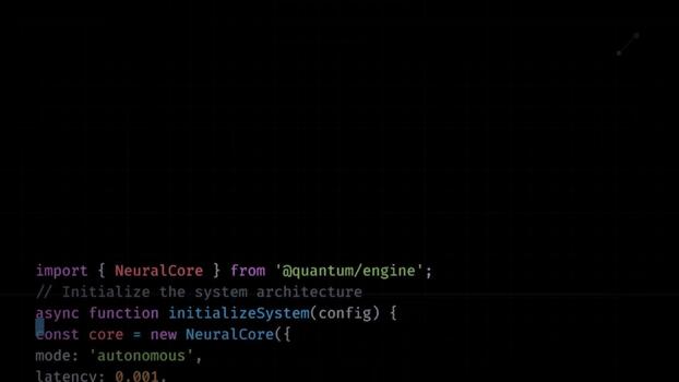 Software developer typing javascript code, system initialization and neural network engine integration, programming background video