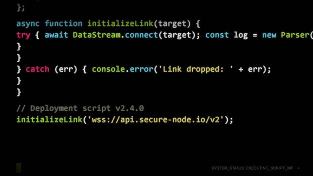 Javascript source code lines scrolling on black screen displaying async network function deployment script for software development and debugging video