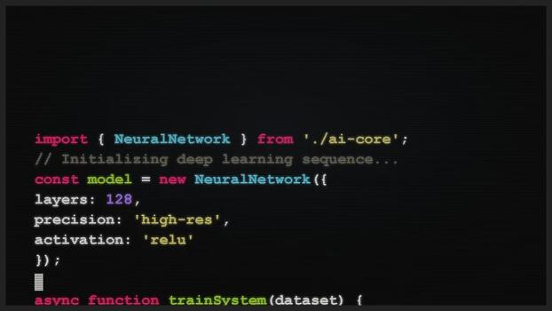 programming code scrolling on a screen, deep learning and neural network training process, software development, data analysis, cybersecurity, machine learning video
