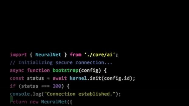Software developer typing javascript source code for artificial intelligence neural network implementation, programming terminal environment video