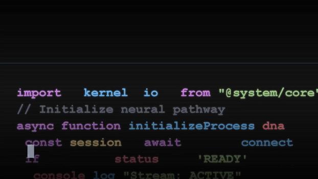 dynamic source code lines scrolling on dark background, representing software development, neural network processing, system error, data analysis, and programming logic video