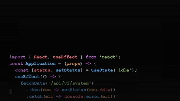 Javascript programming code on dark screen, software development process, syntax highlighting, web engineering, backend server script video