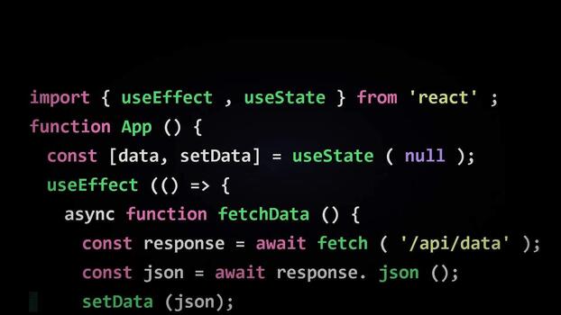 Javascript programming code displayed on a computer screen for software development, web application engineering, syntax highlighting, script logic video