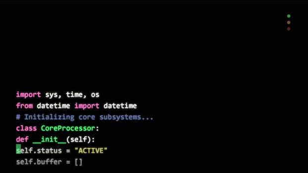 computadora terminal pantalla mostrando desplazamiento pitón programación código con software inicialización proceso video