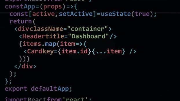 Javascript programming code on dark screen display, showing software development, web application structure, system architecture and digital engineering logic video