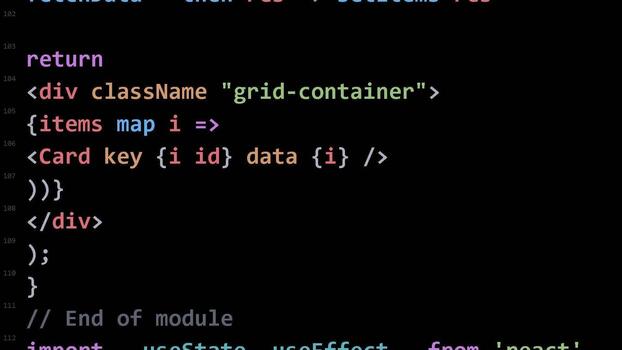 Javascript source code displaying react framework syntax with function components and mapping grid elements for web development video