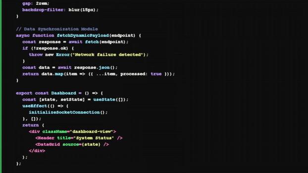 Computer programming source code scrolling on dark screen, software development process, syntax highlighting, web engineering, backend database management video
