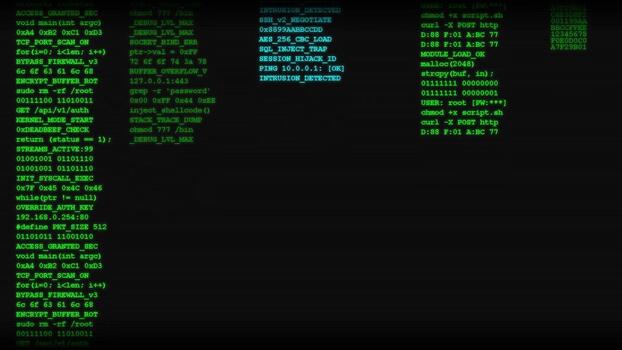 green terminal code scrolling down dark background, software development and programming, data processing, hacking, system admin interface, computer science video