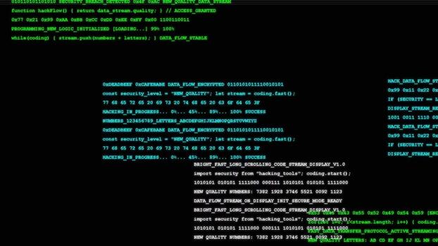 Digital green matrix code streaming on black background, cybersecurity data stream, software programming language, virtual technology system, binary network interface video