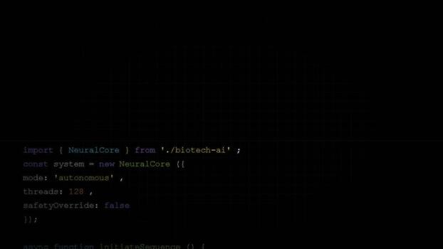 Computer code displayed on dark screen showing javascript syntax for software development and programming, engineering backdrop, digital interface video