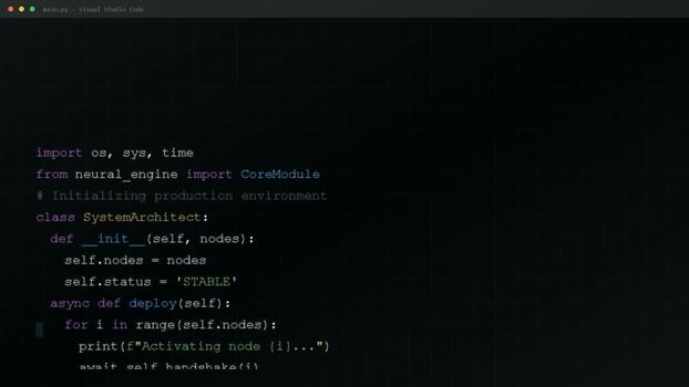 python programming code on dark screen, software development process, terminal interface, backend engineering, data science and automated system architecture video