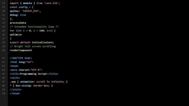Abstract computer programming code snippet on dark background, syntax highlighting for software development, technical script, coding environment, database infrastructure video