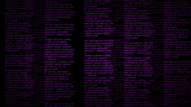 scrolling neon purple computer code on dark background, software development stream, binary data processing, cybersecurity matrix, programming terminal video