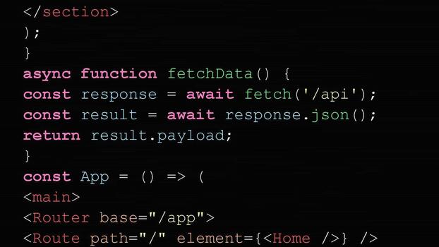 Computer screen displaying javascript source code for software development, programming syntax with syntax highlighting for web and app engineering video