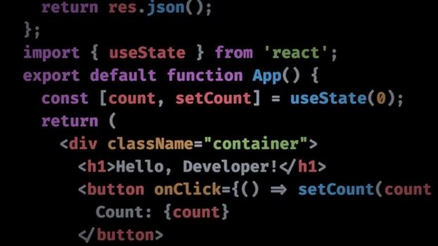 Javascript programming code displayed on a computer screen showing react syntax, functional components, state management and async data fetching video