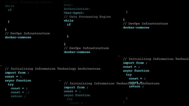 Data stream scrolling with complex code lines and software development syntax video