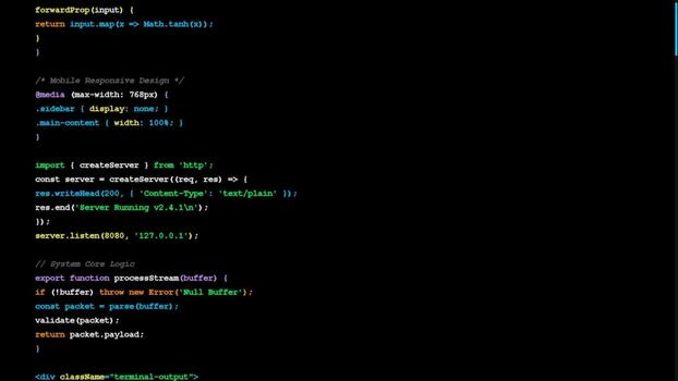 Computer programming source code lines on dark screen displaying software development logic, syntax analysis, script structure and coding video