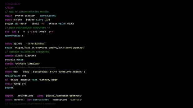 Computer code interface with scrolling terminal commands, software development, data processing, backend programming, syntax highlights, information security and digital infrastructure video