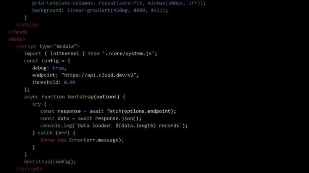 Computer screen displaying complex software source code, programming logic, development workflow, syntax highlighted, digital environment video