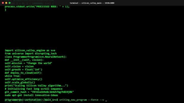 Computer terminal screen showing green glowing programming source code, software development process, tech background, binary data video