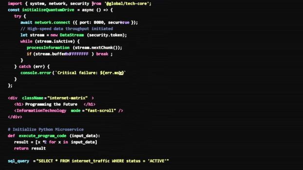 scrolling computer source code on dark screen representing software engineering, data analysis, web development, cyber security, programming video
