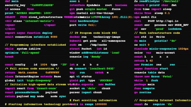 Scrolling source code on screen displaying programming syntax and software development backend infrastructure data video