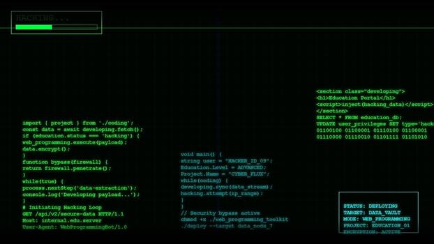 Digital green terminal interface displaying scrolling programming code, data processing, system analysis, network security, software development video