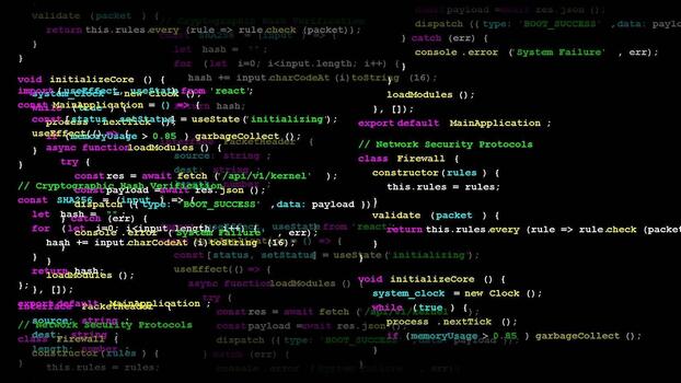Programming source code lines scrolling on computer screen, software development, data processing, binary, backend engineering, tech interface video