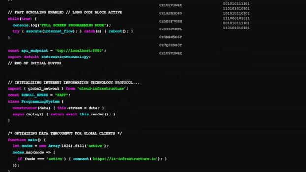 Software code editor screen with syntax highlighting and programming lines, showing web development environment and digital coding script video