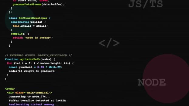 Software development source code displayed on screen, javascript and node js programming, backend infrastructure, digital engineering and computer syntax video