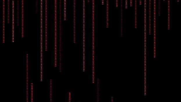 Red digital binary code falling streams on black background, cybersecurity data stream, program code, server room background video