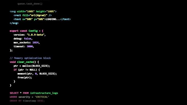 Programming source code on dark screen, software development process, syntax highlighting, computer technology and digital engineering video